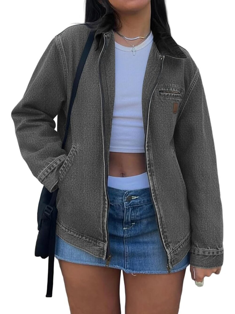 Women's Dark Grey Cropped Zip Up Denim Lightweight Casual Fall Outerwear Jackets